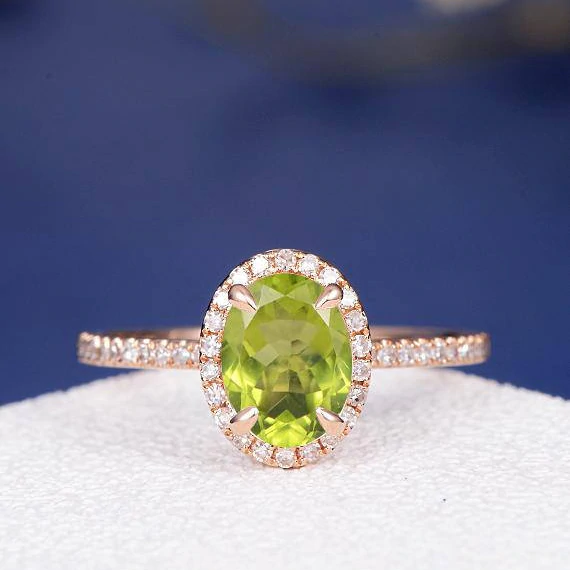 2ct Oval Cut Green Peridot Engagement Ring Halo Diamond Accent 14k RoseGold Over