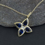 2ct Blue Sapphire Pendant with Chain Pear Cut Floral 14k Yellow Gold Finish