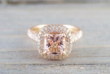 2.5ct Princess Cut Morganite Engagement Ring Cluster Halo 14k Rose Gold Finish