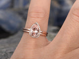 1Ct Pear Cut Peach Morganite Bridal Set Halo Engagement Ring 14K Rose Gold Over