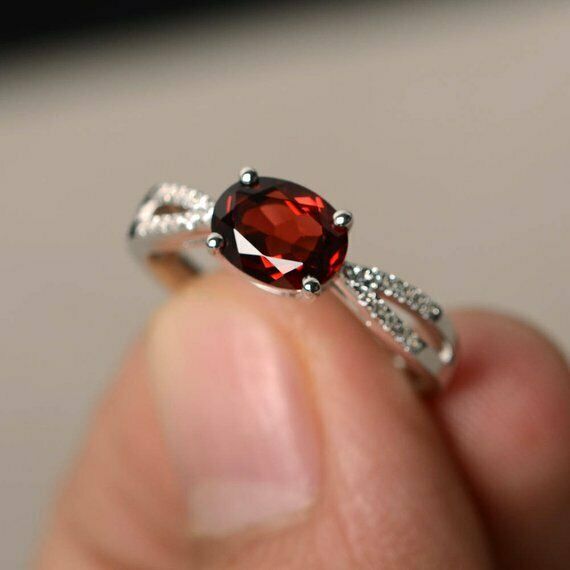 1.2ct Oval Cut Red Garnet Engagement Ring 14k WhiteGold Finish Split Shank Women