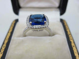 1.7ct Cushion Cut Blue Sapphire Diamond Accents Halo Ring 14k White Gold Finish