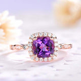 1.6ct Cushion Purple Amethyst Engagement Ring Solitaire Halo 14k Rose Gold Over