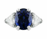 3Ct Oval Cut Blue Sapphire Trillion Accents Three Stone Ring 14k White Gold Over