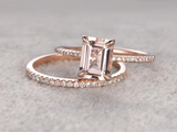 2ct Emerald Cut Peach Morganite Engagement Ring Bridal Set 14k Rose Gold Finish