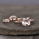 2ct Engagement Ring Cushion Cut Morganite Curved Bridal Set- 14k Rose Gold Over