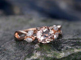 1.2Ct Round Cut Peach Morganite Leaf Accent Engagement Ring 14K Rose Gold Over