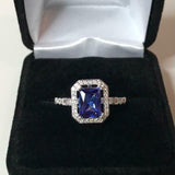 2.3ct Engagement Ring Radiant Cut Blue Tanzanite Diamond Halo 14k WhiteGold Over