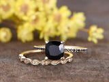 Cushion Cut Black Diamond Bridal Set Engagement Ring 14k Yellow Gold Finish
