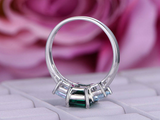 2.3ct Green Emerald Cut Engagement Ring Unique Trilogy 14k White Gold Finish