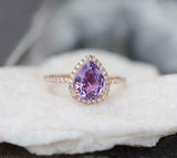 1.7ct Pear Cut Purple Amethyst Engagement Ring Halo 14k Rose Gold Finish