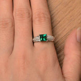 2.4ct Princess Cut Green Emerald Solitaire with Accent Ring 14k WhiteGold Finish