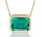 1ct Green Emerald Cut Simulated Bezel Set Pendant Chain 14k Yellow Gold Plated
