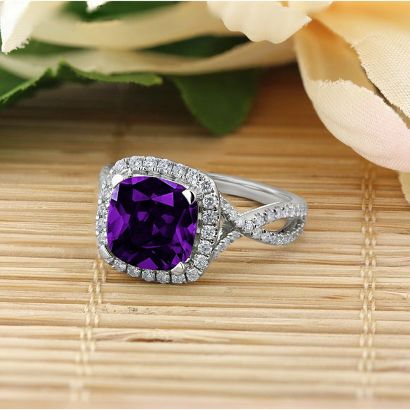 2Ct Cushion Cut Purple Amethyst Split Band Engagement Ring 18K White Gold Finish