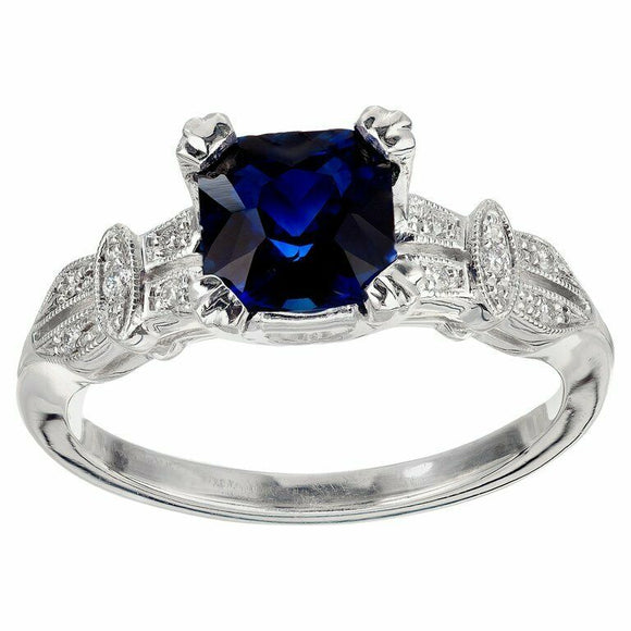 1.5ct Princess Cut Blue Sapphire Engagement Ring Art Deco 14k White Gold Finish