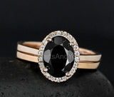 2.2ct Oval Simulated Black Diamond Halo Solitaire Bridal Set 14k RoseGold Plated
