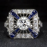 4Ct Round Cut Diamond Art Deco Ring 18K White Gold Finish Blue Sapphire Accents