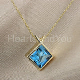 1ct Princess Simulated Blue Topaz Bezel Pendant 14k Yellow Gold Plated NO CHAIN