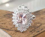 4ct Cushion Cut Morganite Engagement Ring Ballerina Halo 14k White Gold Finish