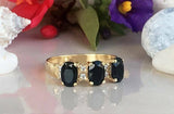 3ct Wedding Band Oval Black Diamond Three Stone & Diamond 14k Yellow Gold Finish