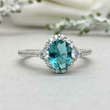 2.3ct Oval Cut Blue Aquamarine Diamond Accent Halo Ring 14k White Gold Finish