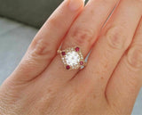 2.5ct Round Cut Diamond Ruby Vintage Halo Engagement Ring 14K Yellow Gold Finish