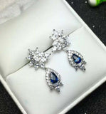 2.75ct Drop Earrings Pear Cut Blue Sapphire Cluster Halo 14k White Gold Finish