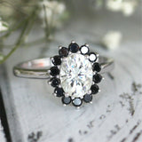 3Ct Oval Cut Diamond Black Halo Floral Engagement Ring 14K White Gold Finish