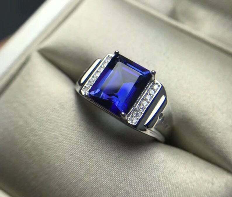 3ct Emerald Cut Blue Sapphire Signet Engagement Men Ring 14k White