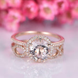 2.3ct Round Cut Peach Morganite Engagement Ring Bridal Set 14k Rose Gold Finish