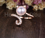 0.3ct Round Cut Simulated Diamond Halloween Cat Pearl Ring 14k Rose Gold Plated