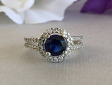 2ct Round Cut Blue Sapphire Halo Split Shank Engagement Ring 14k White Gold Over