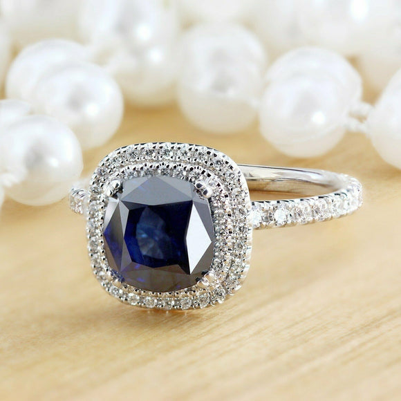 4Ct Cushion Cut Sapphire Dual Diamond Halo Engagement Ring 14K White Gold Finish