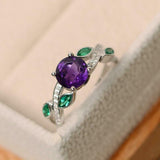 2ct Round Cut Purple Amethyst Diamond Leaf Accents Ring 14k White Gold Finish