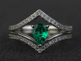 2.3ct Engagement Ring Pear Cut Green Emerald Bridal Set 14k White Gold Finish