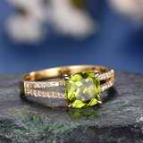 2ct Cushion Cut Green Peridot Engagement Ring Split Shank 14k Yellow Gold Finish
