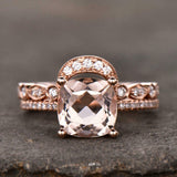 2ct Engagement Ring Cushion Cut Morganite Curved Bridal Set- 14k Rose Gold Over