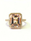 5Ct Emerald Cut Morganite Exquisite Halo Engagement Ring 14K Rose Gold Finish