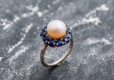 2.1ct Pearl Halo Round Blue Sapphire Engagement Ring 14k White Gold Finish