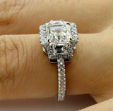 5.5ct Asscher Trilogy Halo Engagement Ring 14K White Gold Over Trapezoid Accents