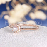 0.5ct Round Cut Simulated Diamond Dainty Halo Pearl Ring 14k Yellow Gold Plated