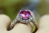 2.3ct Round Cut Pink Sapphire Engagement Ring Diamond Halo 14k White Gold Finish