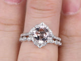 1ct Cushion Cut Morganite Bridal Wedding Set Engagement 14k White Gold Finish