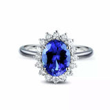 2.3ct Engagement Ring Oval Cut Blue Sapphire Halo Floral 14k White Gold Finish