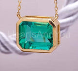 1ct Green Emerald Cut Simulated Bezel Set Pendant Chain 14k Yellow Gold Plated