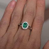2.3ct Oval Cut Green Emerald Diamond Halo Split Shank Ring 14k White Gold Finish