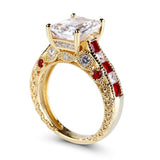 3Ct Emerald Cut Diamond Ruby Accent Vintage Engagement Ring 14K Yellow Gold Over