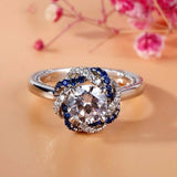 4Ct Round Cut Diamond Sapphire Floral Halo Engagement Ring 14K White Gold Finish