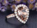 1.5ct Pear Cut Peach Morganite Engagement Ring Diamond Halo 14k Rose Gold Finish