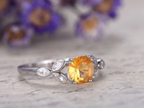 1.5ct Round Cut Yellow Citrine Engagement Ring Floral Leaf 14k White Gold Finish